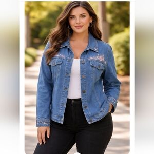 Denim & Co Embroidered Denim Jacket 2X Blue Floral Detail Plus Size